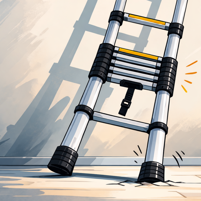 Cartoon-style illustration showing a telescopic ladder tilting on a flat surface